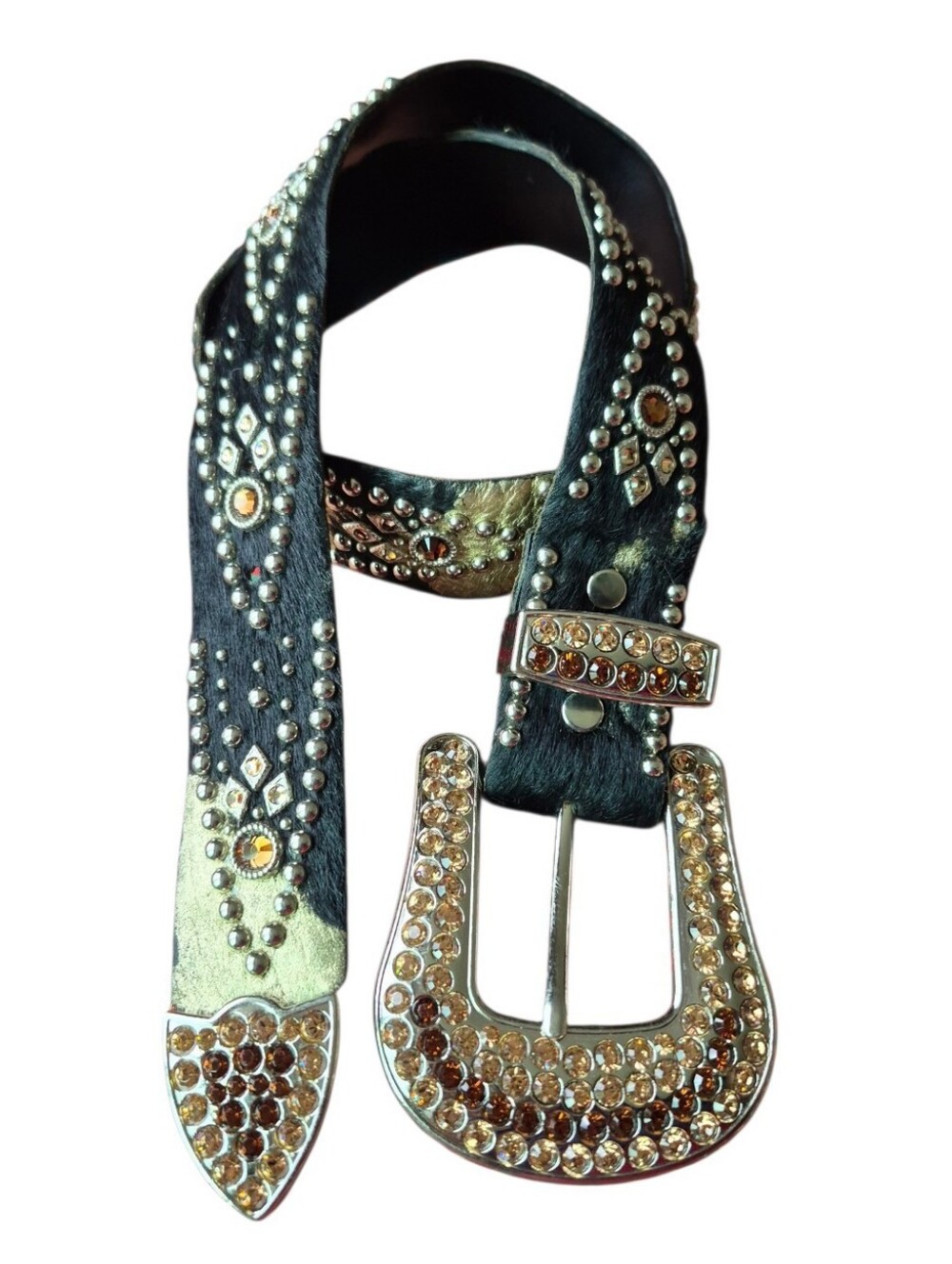 Kippys Swarovski Crystal Rhinestone Cow Hide Leather Belt Size 30 Amber Bronze